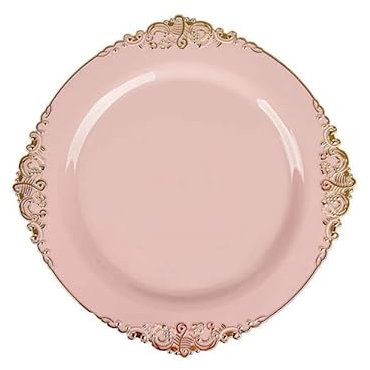 Juego de 25 platos redondos de plástico para ensalada de postre de 19 cm, color blanco, negro y rosa, platos de plástico reutilizables de 26 cm, con hoja en relieve, borde dorado (oro rosa, 19 cm)