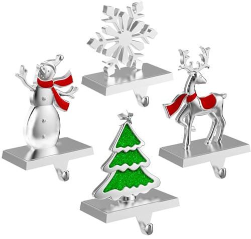 Ginbel Direct Weihnachtsstrumpfhalter für Kaminsims, 4 Stück, Strumpfaufhänger, Schneeflocke, Schneemann, Baum, Hirsch, Rentier, schwere Haken für Kaminsims, Kamine, Fenster, Innendekorationen, Silber