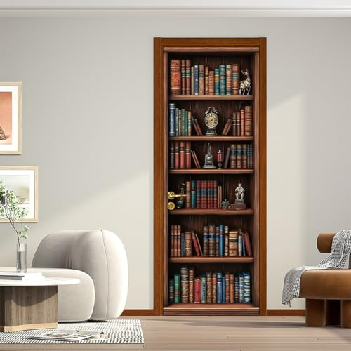 workid MT-1 Self-Adhesive Door Wallpaper Door Poster Door Sticker Photo Wallpaper 3D Effect for Bedroom Living Room Kitchen Vintage Book Shelf Sticker 77 x 200 cm