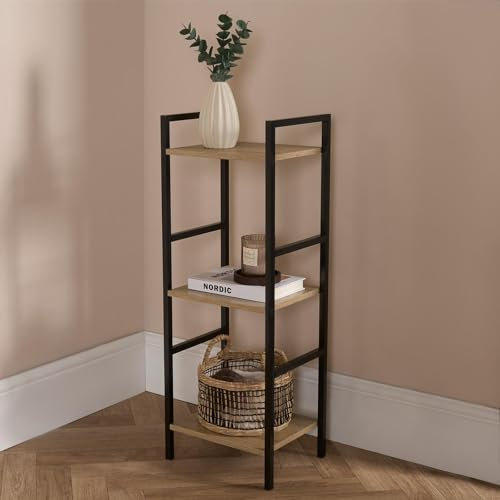 OHS 3 Tier Ladder Shelf, Industrial Bookcase Storage Unit Metal Frame Standing Shelves for Living Room Bathroom Bedroom Kitchen Home Office Wooden Rustic - 80 x 30 x 24cm