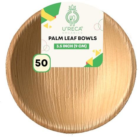 U'reca Organics Eco-Friendly Areca Palm Leaf Mini Round Bowls | 3.5 - Pack of 50 | Perfect for Restaurants, Buffets & Food Displays | Heavy-Duty, Plastic-Free, Biodegradable