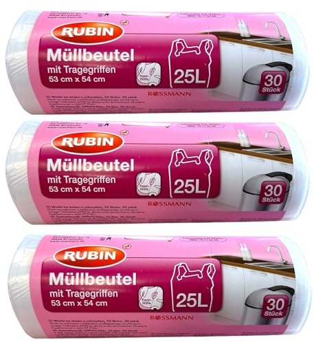 3x Rubin Müllbeutel 25L | 3x 30 Stück | mit Tragegriff | 53xm x 54cm |