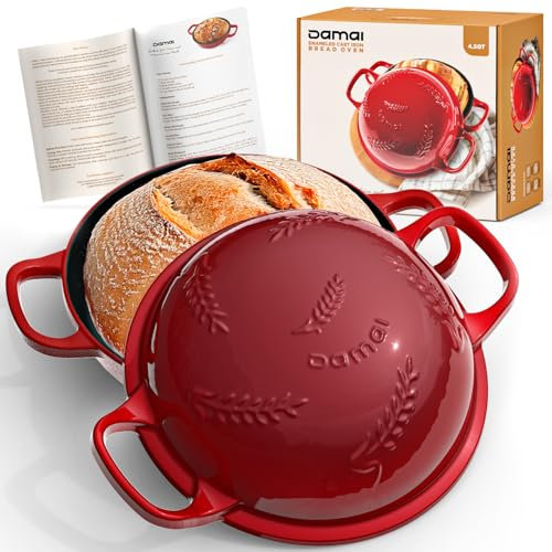 Damai Cocotte à pain en fonte avec couvercle, 4,5 l avec base émaillée à profil bas avec poignées, parfait pour la cuisson artisanale au levain, pot à pain rond pour pains faits maison, emballage