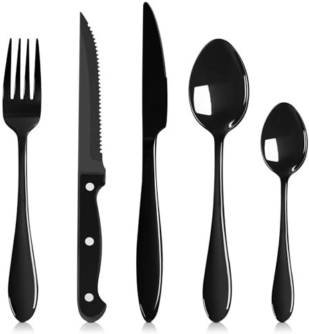 HaWare Black Cutlery Set, 30 Piece Stainless Steel Flatware with 6 Pcs Steak Knives, Elegant Tableware Silverware Include Knives Forks Spoons, Service for 6, Mirror Finish, Dishwasher Safe