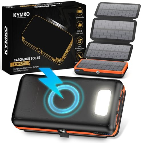 KYMKO Caricatore solare per cellulare 27000mAh con 4 pannelli solari pieghevoli | Power Bank Solare Portatile USB-C 22.5W Torcia LED SOS, batteria esterna IP66 | Ideale per blackout e emergenze