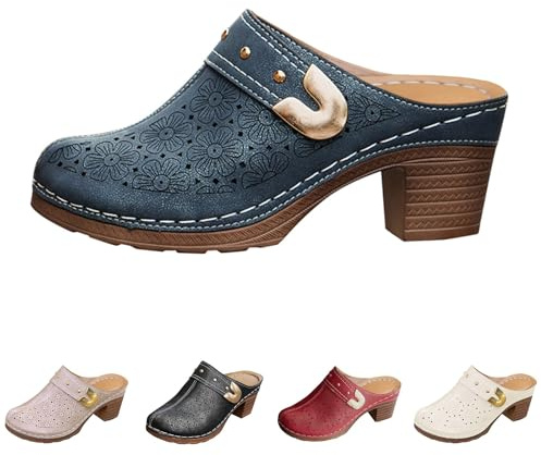 Mules Shoes for Women Closed Toe Clogs High Chunky Heels Mules Sandals Arch Support Slip On Slippers Comfortable Walking Shoes Hollow Orthotic Slides Wide Fit Lightweight Pantoletten Navy