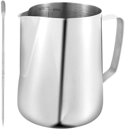 30oz/900ml Barista Milk Jug, Stainless Steel Frothing Pitcher with Measurement Mark & Latte Art Pen for Cappuccino, Latte Art