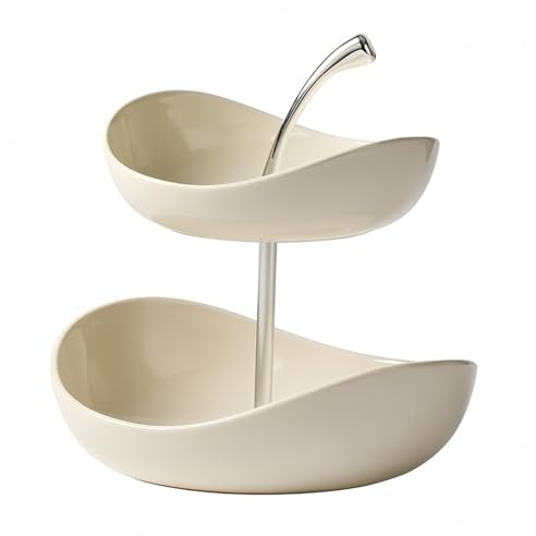 Bandeja de frutas de doble capa Cuenco de frutas de cerámica de 3 niveles Cuencos de cerámica de varias capas con soporte de metal, bandeja para servir,blanca,Double Layer