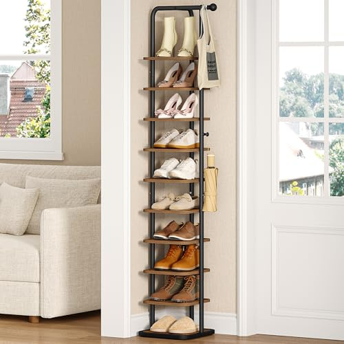 HEXCELEN Schuhregal, 10-Stockige Schuhablage Schmal, Vertikales Schuhregal, Verstellbar Ablage, für Eingangsbereich Wohnzimmer Schlafzimmer Flur, Braun und Schwarz | Schuhablage Schmal, Schuhregal mit 2 Haken, Verstellbar Ablage, für Eingangsbereich Wohnzimmer Schlafzimmer Flur