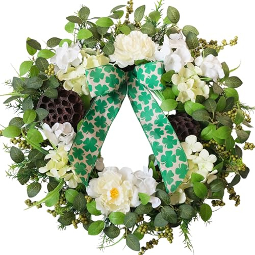 CIR OASES 24 Summer Wreath for Front Door - Summer Peony & Hydrangea Floral Wreath with Shamrock Bow & Lotus Pod, Lucky Clover Wreath for Everyday Indoor Outdoor Home Decor