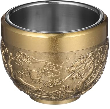 Lurrose Taza de Té de Cobre Cien Bendiciones Estilo Chino Retro con Diseño de Dragón Antiguo para Degustación de Té o Decoración