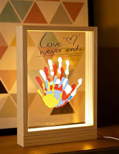 Set di impronte a mano per famiglie con lampada da notte a LED e per tutta la famiglia con 4 pannelli CV, set di impronte digitali per coppie, colori atossici, telaio in legno per il fai da te (colore