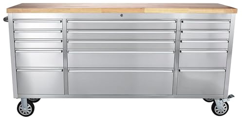 GarveeTech 72 Heavy-Duty Rolling Tool Chest & Workbench with 15 Drawers, Steel Rubber Wood Top on Wheels, Key Locking System, Drawer Liners for Garage Warehouse Repair Shop, Black Storage Cabinet.