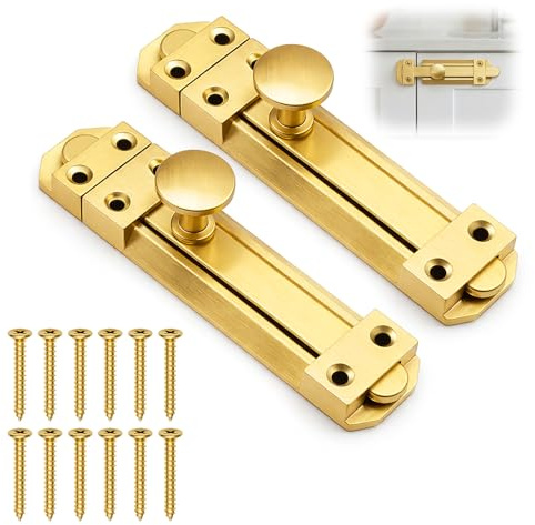 2 Pack Surface Mounted Sliding Door Lock 4 inch/100mm Brass Door Bolt Lock | Thick Security Gate Bolt Heavy Duty Slide Gate Latch for Internal External Doors Bathroom Bedroom Cabinets Cupboards, Gold