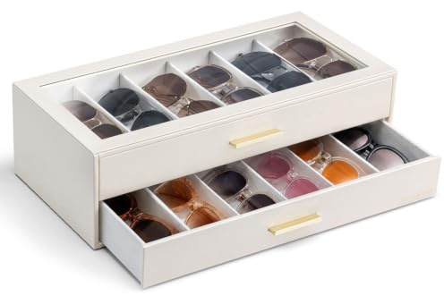 VLANDO Sonnenbrillen Aufbewahrung 2 Etagen, Brillen Aufbewahrungsbox mit Transparentem Glasdeckel, Brillenetui für 12 Brillen, Sonnenbrillen Organizer zur Aufbewahrung Mehrerer Brillen