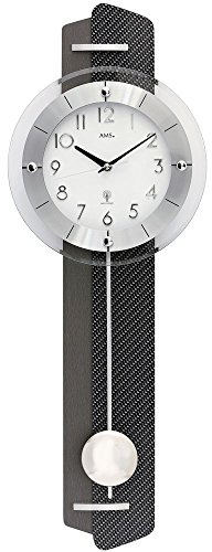 AMS. DESIGN Pendel-Wanduhr (Funkuhr), modern mit Carbon-Applikation auf Holzrückwand - Ziffernblatt mit Glasabdeckung / Höhe 70cm