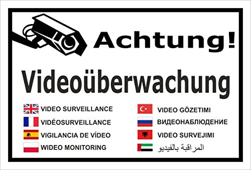 Melis-Folienwerkstatt Schild Videoüberwachung 9-sprachig mehrsprachig – 15x10 cm – 3mm Aluverbund – Bohrlöcher – mehrere Größen/Materialien