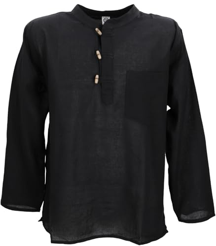 GURU SHOP Nepal fiskarskjorta, goa hippie-skjorta, yogaskjorta, fritidsskjorta – mossgrön, män, svart, M