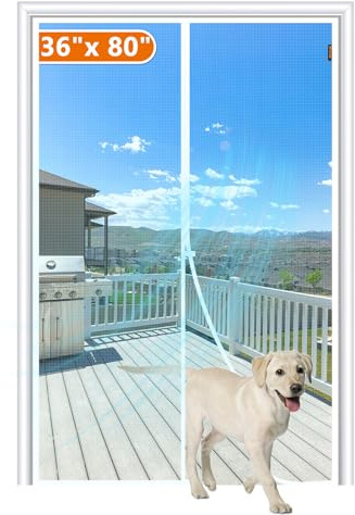 MAGZO Magnetic Screen Door Fit Door Size 36 x 80 Inch, Screen Size 38 x 81 Strong Magnet Door Mesh with Reinforced Hook & Loop for Patio, Sliding, French Door, White