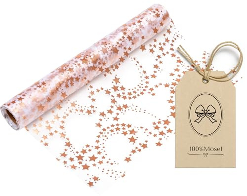 Tischläufer Rosegold Sterne Organza Stoffrolle 28cm x 5m Kupfer Metallic Druck Weihnachten Tischdeko Hochzeit Party | Transparentes Tischband, edle Tischdeko für Weihnachten und Adventszeit, Festliche Dekoration zu besonderen Anlässen