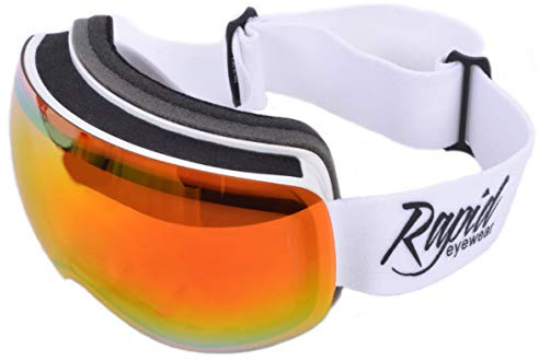 Rapid Eyewear White Snow SKI GOGGLES FOR GLASSES WEARERS With Rx Optical Insert. Mens and Womens Adult Size. Spherical Rimless Anti Fog Frame. Also for Snowboard & Climbing