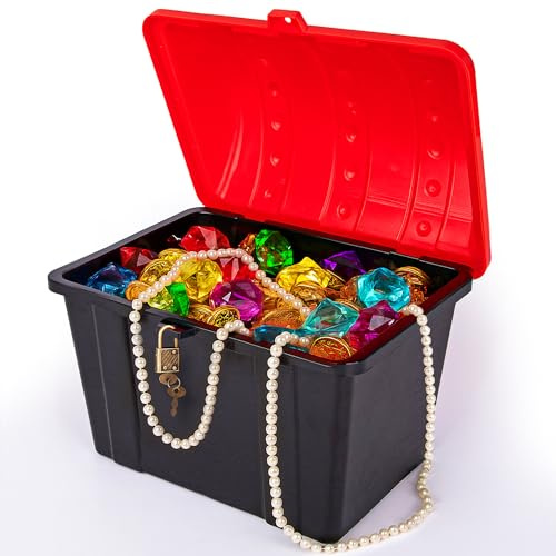 ArtCreativity Treasure Chest Box for Kids - Black Wood Grain Texture with Red Cover and Functional Metal Lock and Keys, 9.25 x 7.5 x 7 - Plastic Treasure Box Chest for Classroom Kids Prizes Storage