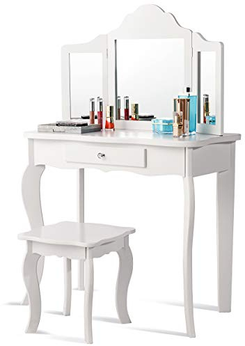 GOPLUS Kinder Schminktisch mit 3 Klappbaren und Abnehmbaren Spiegel, Frisiertisch, Kindertisch aus Holz, 1 Hocker, 1 Schublade, inkl. Haarseilset, für Mädchen, im Schlafzimmer (Weiß)