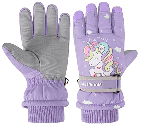 Jupsk Kinder Winter Skihandschuhe Wasserdicht Snowboard Handschuhe Anti-Rutsch Plüsch Gefüttert Warm Handschuhe für Mädchen Jungen 6-10 Jahre alt (lila Einhorn)