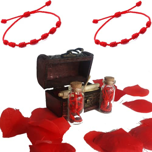 Odiseo Regalo Romantico para Parejas. Pulseras Parejas hilo rojo del destino - Regalo Aniversario - Cofre con 2 Pulseras de Hilo Rojo de Leyenda Japonesa y Pergamino