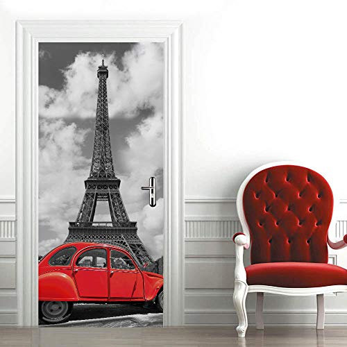 GSKBDQ Türaufkleber Selbstklebende Türtapete Türposter Rotes Auto Eiffelturm 3D 95X215Cm Fototapete Türfolie Poster Art Tapete Wasserdicht Abnehmbare Wandaufkleber Schlafzimmer Haus Bad Deko