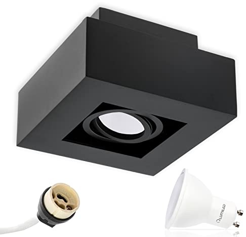Lumiled Aufbauspot LED Aufbauleuchte Deckenspot Deckenlampe Spot Deckenleuchte schwenkbar Downlight eckig schwarz inkl. 5W LED–Leuchtmittel GU10 480lm 3000K Warmweiß 230V 120° Aluminium