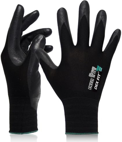 DEX FIT Guantes de Trabajo FN331, Ajuste 3D, Agarre Potente, Nitrilo Arenado Impermeable, Resistente al Aceite, para Construcción y Mecánica, Hombres y Mujeres, Negro, S, 1 Par