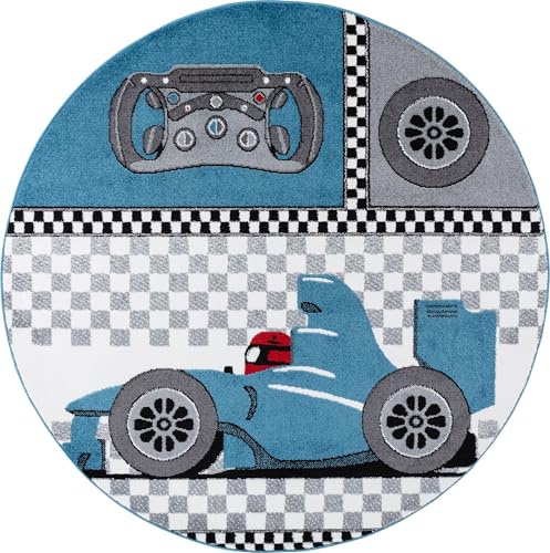 Carpetsale24 Runder Kinderteppich Rennauto Ø120 cm – Weicher Teppich für Jungs – Blaues Rennmotiv & Ideal fürs Spielzimmer