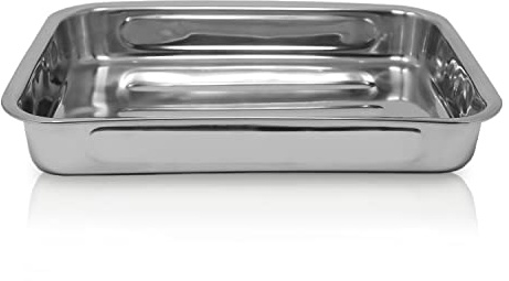 Krüger Edelstahl Bratform 42,5 x 31 cm (5 L) | Mit Fallgriffen | PFAS-frei & unbeschichtet | Brat- & Auflaufform mit Rillenboden | Für Braten & Ofengerichte | Platzsparende Aufbewahrung