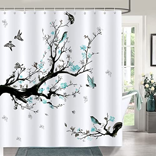 Bonhause Duschvorhang Blaue Blumen Vogel AST Duschvorhänge 180 x 180 cm Anti-Schimmel Wasserdicht Polyester Stoff Waschbar Bad Vorhäng für Badzimmer mit 12 Haken