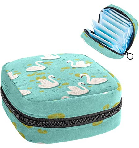 Perioden-Tasche, tragbare Tampon-Aufbewahrungstasche für Damenbinden, weißes Schwanenmuster, Schwimmen im Pool Blau, Mehrfarbig, 4.7x6.6x6.6 in/12x17x17 cm