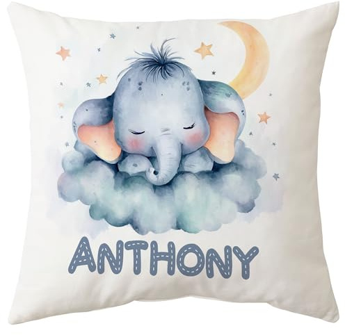 Hyturtle Personalized Boys Nursery Throw Pillow (Insert Included) Gifts - Nursery Cushion - New Baby Boy Gift - Baby Shower Pillow - Baby Elephant Custom Name Sofa Couch Cushion Home Decor Pillow