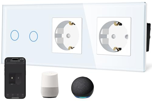 TAWOIA Interrupteur tactile Wi-Fi intelligent (conducteur neutre nécessaire) avec double prise normale, vitre en verre, commande vocale Alexa, fonctionne avec l'application Smart Life et Tuya, 2 voies