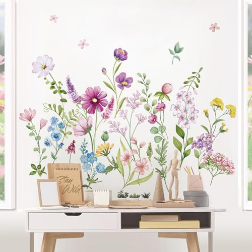 wondever Wandtattoo Garten Blumen Lila Wandaufkleber Wildblume Pflanzen Wandsticker Wanddeko für Wohnzimmer Schlafzimmer Sofa Hintergrund