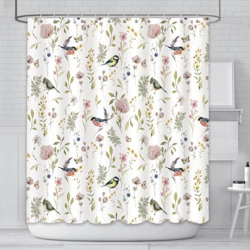 AIBIIN Rideau de douche 180 x 180 cm motif floral oiseau plante herbe rideau de salle de bain durable imperméable polyester avec 12 crochets