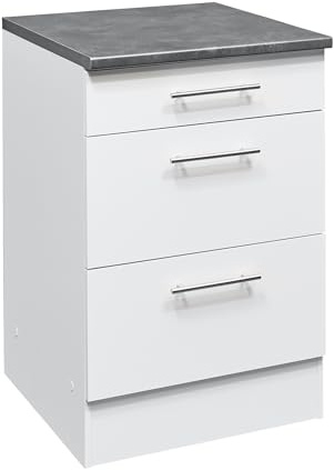 möbelando Eddy Moderner Schubladenschrank Küche in Weiß matt, Metallic Grau - Geräumiger Küchenunterschrank mit viel Stauraum - 60 x 90 x 60 cm (B/H/T)