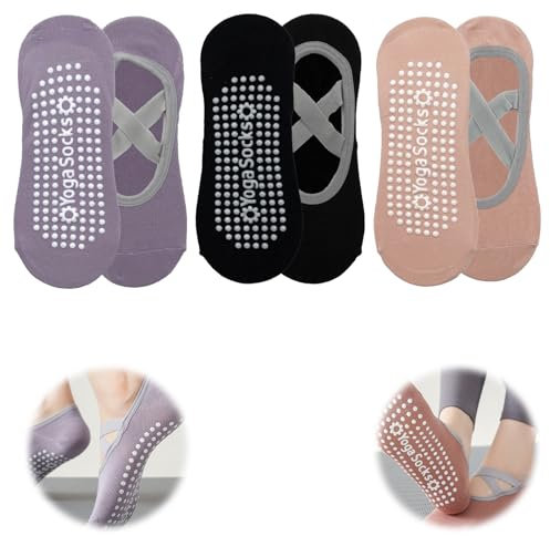 GIEEU Halkfria strumpor yoga pilates strumpor 3 par, pilates träningsstrumpor för kvinnor med grepp, dansstrumpor balett absorberar svett träning fitness, Svart och grått, Medium-Large