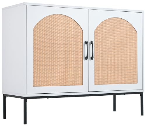 i@HOME Rattan Aufbewahrungsschrank mit Zwei unregelmäßigen Türen, stilvoller Wohnzimmerschrank für vielseitige Aufbewahrung, mit Metallgriffen und Metallrahmenbeinen, Maße:B100/H80/T39cm