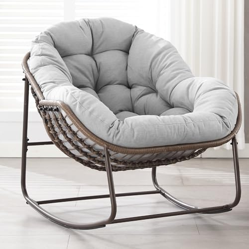 Villeston Outdoor Patio Schaukelstühle, Überdimensionierter Papasan-Schaukelstuhl für Innen mit Gepolstertem Kissen - Ei-Schaukelstuhl für Wohnzimmer, Veranda, Garten, Terrasse, Hinterhof