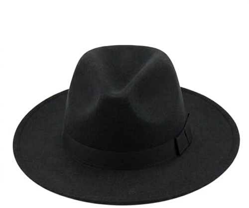 VANTOBEST Klassischer schwarzer Fedora-Hut mit breiter Krempe, Panamahut, Filz, Kirche, Derby, Pork Pie, Jazz-Hut mit Gürtel, für Damen und Herren, Schwarz , 1