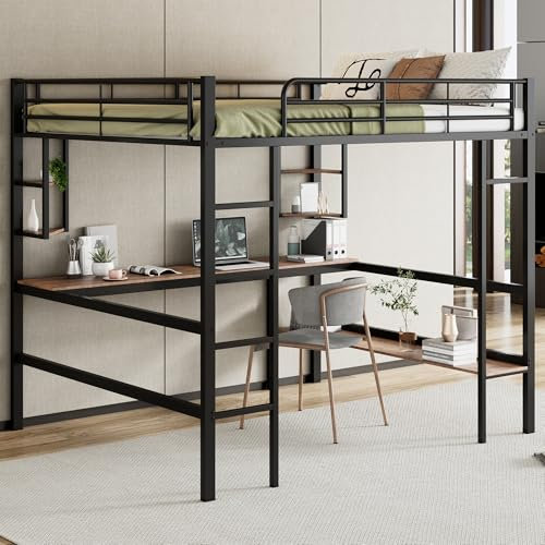 KUAKE Bettgestell Metallbett 140x200cm, Eisenbett mit Schreibtisch, Hochbett mit Vier kleinen Regalen und einem großen Bücherregal für Kinder, Jugendliche und Erwachsene, schwarz (140x200cm)