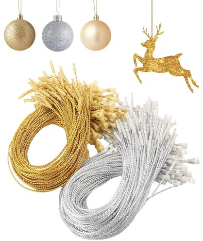 SYEYCW 200 Stück Weihnachtsschmuck Aufhänger String, 20cm Ornament Aufhänger Schnur mit Snap, Vorgeschnittene Hängeseile für Weihnachtskugeln, für Weihnachtsbaumschmuck, Gold, Silber