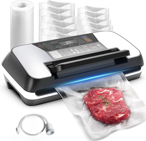 Food Vacuum Sealer Machine, 230W 85KPa Auto 12-in-1 Vacuum Food Sealer with Easy-Lock Handle, Double Heat Seal, Vacuum Pack Machine with Built-in Cutter and Bag Storage, 1 Roll and 10 Pre-cut Bags