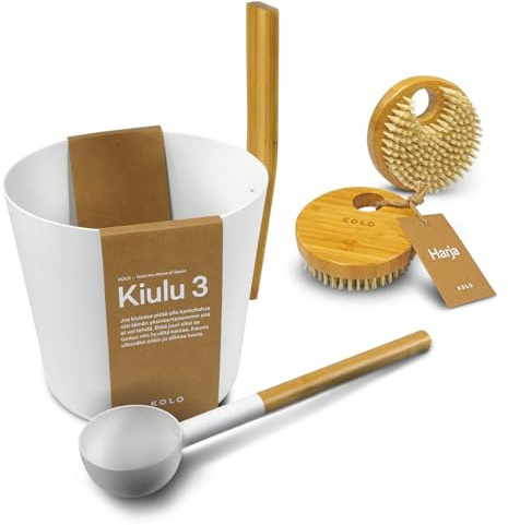 KOLO Sauna Set Kiulu 3 - Kübel 5 l + Aufgusskelle 300 ml + 2x Handbürste - Weißes Aluminium - Bambusgriff - 2-teiliges Premium-Set für Aufgüsse und authentische finnische Saunakultur