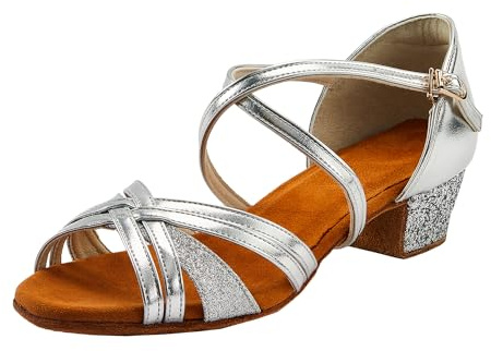 missfiona PU Ballroom Dance Shoes for Girls Latin Low Heel(3.5 UK, Silver)